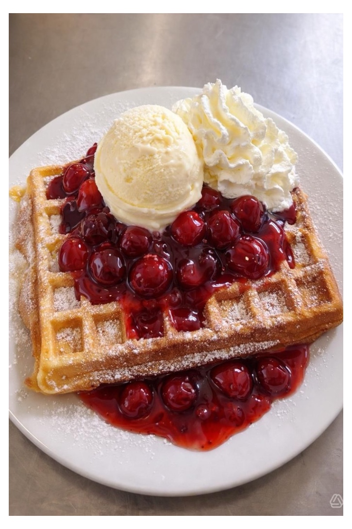 Waffel mit Rote Grütze, Sahne und Vanilleeis